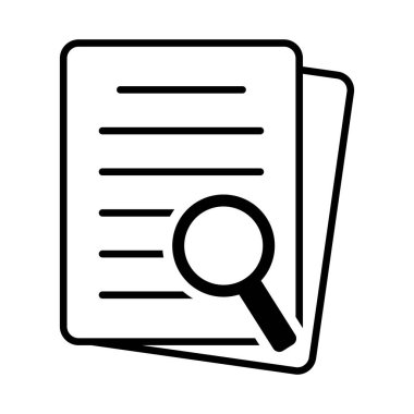 Büyüteç ve büyüteç konsepti olan bir belge. Dosya arama simgesi, belge araması, vektör izole.
