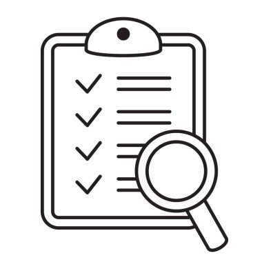 Büyüteç simgeli pano, iş konsepti. Analiz, ikon analiz. Dosya arama simgesi, belge araması, vektör izole.