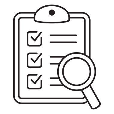 Büyüteç simgeli pano, iş konsepti. Analiz, ikon analiz. Dosya arama simgesi, belge araması, vektör izole.