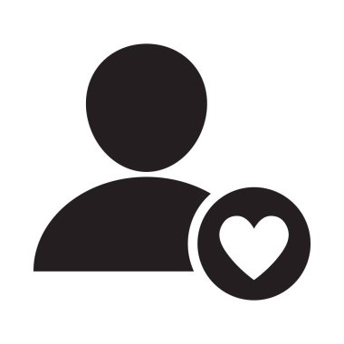 Kalp simgesi olan kullanıcı. Favori profil işareti. Hisse senedi. Vektör illüstrasyonu beyaz arkaplanda izole edildi.