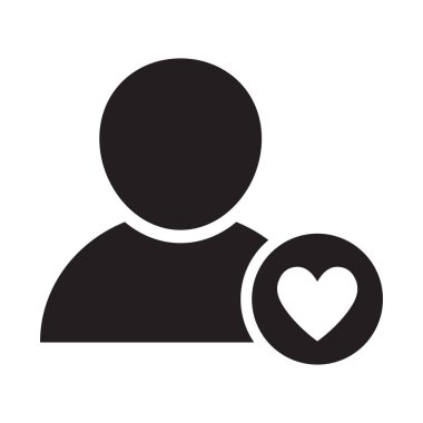 Kalp simgesi olan kullanıcı. Favori profil işareti. Hisse senedi. Vektör illüstrasyonu beyaz arkaplanda izole edildi.