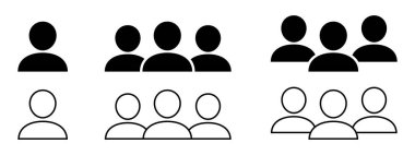 Kullanıcı simgesi ve insan satırı simgesi, takım simgesi, grup simgesi, dış hatlar ve katı vektör çizimi, doğrusal pictogram izole edildi.
