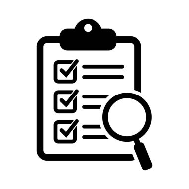 Büyüteç simgeli pano, iş konsepti. Analiz, ikon analiz. Dosya arama simgesi, belge araması, vektör izole.