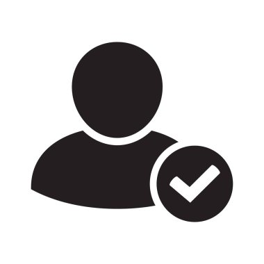 İşaretli işaretli kullanıcı profili simgesi. Kullanıcı illüstrasyon tasarım ögesini onayladı. Düz tasarım ikonu. Doğrulanmış simge. Onaylanmış profil sembolü. Kullanıcı kabul edildi.