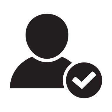 İşaretli işaretli kullanıcı profili simgesi. Kullanıcı illüstrasyon tasarım ögesini onayladı. Düz tasarım ikonu. Doğrulanmış simge. Onaylanmış profil sembolü. Kullanıcı kabul edildi.