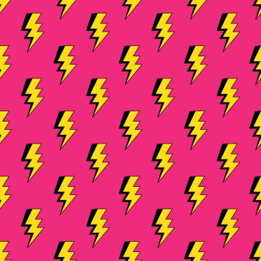 Çizgi filmdeki yıldırımlar kusursuz desenler, çizgi roman tarzı. Gök gürültüsü ışıkları duvar kağıdı. Parlak pembe arkaplan.