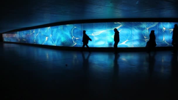 Силуэты перед синей подсвеченной стеклянной стеной — стоковое видео