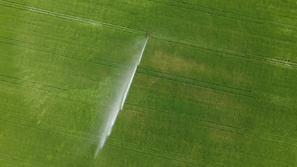 農業用スプリンクラーと畑 灌漑地域 空中ドローンの視点 — ストック動画