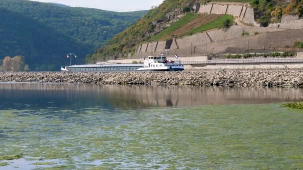 Rhine River Nearby Bingen Γερμανία Ορατά Βράχια Και Αμμόλοφους Λόγω — Αρχείο Βίντεο