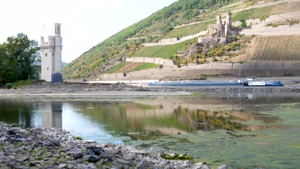 Rhine River Nearby Bingen Germany Visible Rocks Sandbars Due Extraordinary — Vídeo de stock