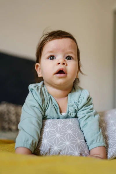 Front View Happy Small Caucasian Baby Lying Bed Home Day — Stock Photo, Image