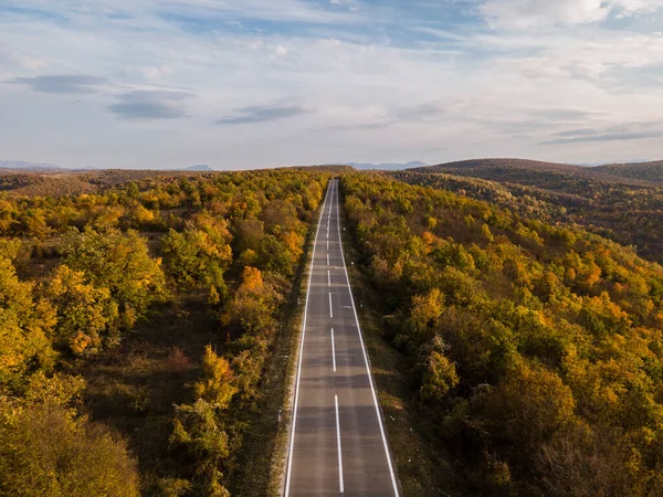 Vista Aérea Imagen Del Dron Carretera Través Los Árboles Bosque — Foto de Stock