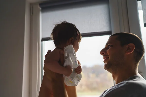 Caucasian Man Father Holding His Small Baby Boy Girl While — Stock Photo, Image