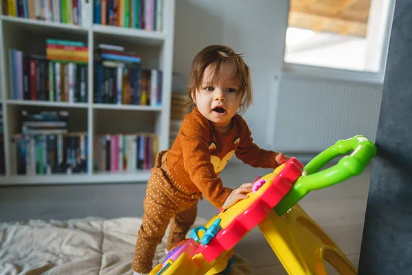 One Small Caucasian Baby Six Seven Months Old Playing Toy — Stock Photo, Image