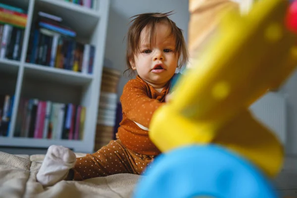 One Small Caucasian Baby Six Seven Months Old Playing Toy — Stock Photo, Image