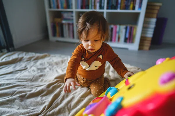 One Small Caucasian Baby Six Seven Months Old Playing Toy — Stock Photo, Image