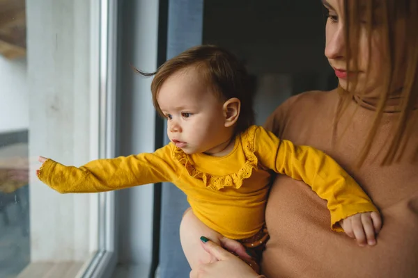 One Small Caucasian Baby Girl Arms Spread Hands Her Mother — Stock Photo, Image