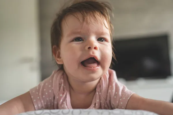 Front View Close One Small Caucasian Baby Girl Infant Child — Stock Photo, Image