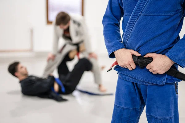 Zblízka Střední Části Neznámého Bělocha Sportovec Bjj Brazilský Jiu Jitsu — Stock fotografie