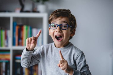 Küçük mutlu, beyaz bir çocuk kameraya yakından bakarken gözlük takıyor, alay ediyor ve gerçek insanlara jest yapıyor. Mutluluk ve neşe dolu çocukluk konseptini kopyalıyor.