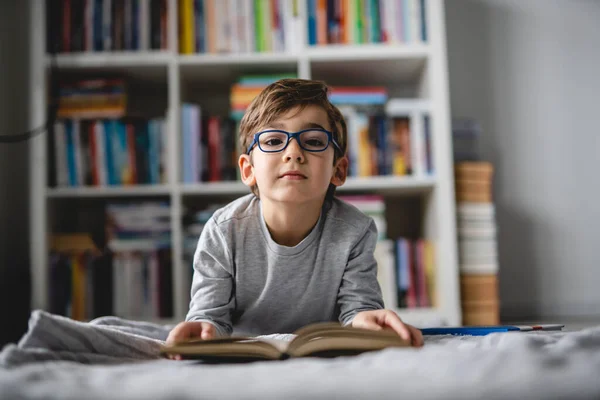 One Caucasian Boy Lying Floor Home Day Reading Book Front — Stock Photo, Image
