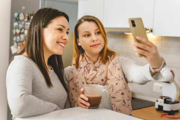 Two Female Friends Happy Caucasian Women Having Video Call Conference — Stock Photo, Image