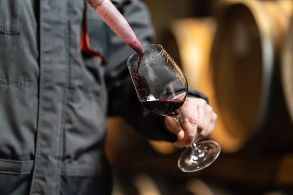 Nahaufnahme Der Hände Einer Unbekannten Kamera Die Ein Glas Rotwein — Stockfoto