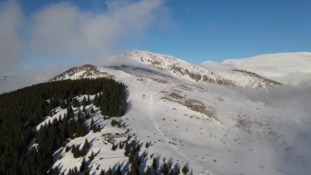 Drone Volando Por Encima Cima Montaña Cubierto Nieve Frío Día — Vídeos de Stock