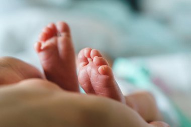 Gün içinde yeni doğmuş bebeğinin ya da kızının ayaklarını tutan kimliği belirsiz bir kadının ellerine yaklaş. Annelik ve annelik aşkı mekanı kopyalama kavramı.