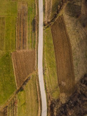 Gökyüzü manzarası yukarıdan aşağıya dağ sırasındaki dağ yolunda etraftaki çimenler ve ağaçlar arasında - Sırbistan 'daki Stara Planina Eski Dağı' nda doğa yolculuğu konsept drone fotoğrafı