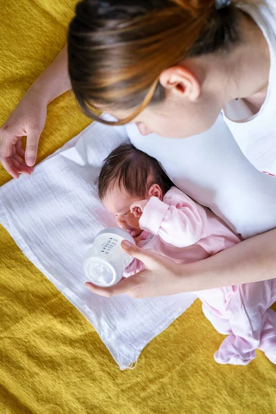 Top View Caucasian Baby Infant Two Weeks Old Lying Her — Foto Stock