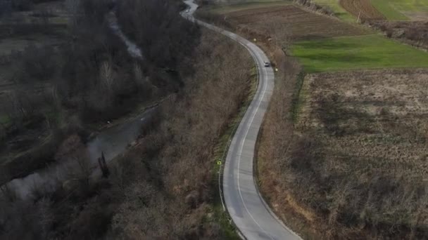 Car Aerial View Top Country Road Mountain Range Fields Grass — Stockvideo