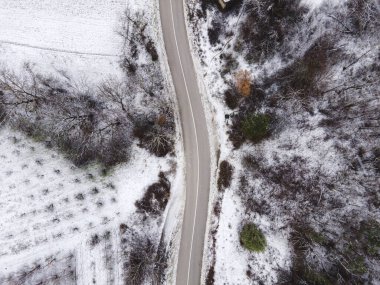 Sırbistan 'ın Knjazevac kenti yakınlarında kış günü beyaz karla kaplı dağlık alanda ağaçlar ve orman boyunca yol üzerindeki yüksek açılı drone görüntüsü - seyahat yolculuğu ve tatil kavramı
