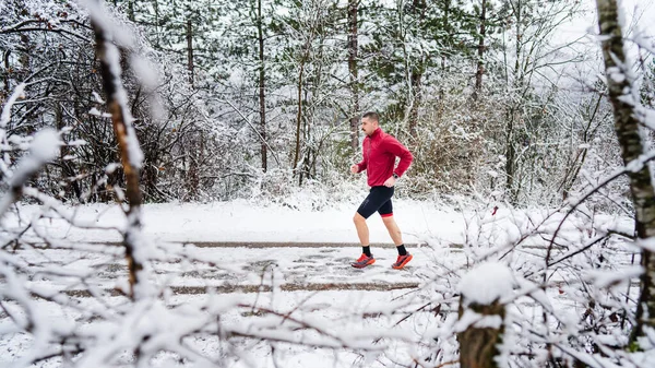 One Adult Caucasian Man Running Winter Day Male Athlete Runner — Stockfoto