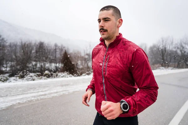 One Adult Caucasian Man Running Winter Day Male Athlete Runner — Stock Fotó
