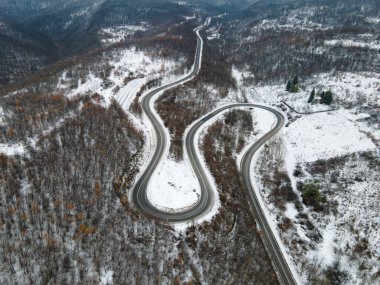 Sırbistan 'ın Knjazevac kenti yakınlarında kış günü beyaz karla kaplı dağ sırasındaki ağaçlar ve ormanlar boyunca kıvrımlı yılan yolundaki yüksek açılı hava aracı görüntüsü - Seyahat yolculuğu konsepti