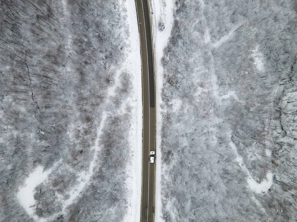 High Angle Aerial View Drone Image Car Road Trough Trees — Foto de Stock