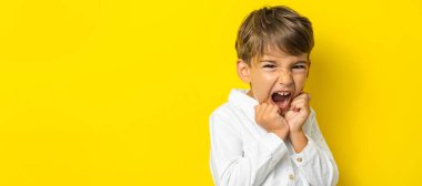 Dört yaşında, sarı arka plan stüdyosunun önünde duran küçük beyaz çocuk poz verirken fotoğraf makinesinin fotokopi odasına bakıyor.