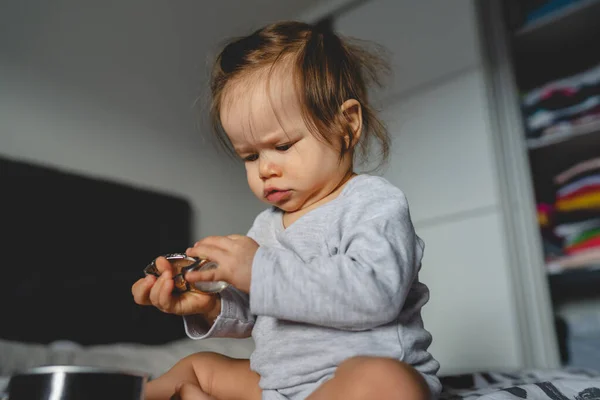 One Caucasian Baby Girl Nine Months Old Playing Alone Bed — Stock Photo, Image