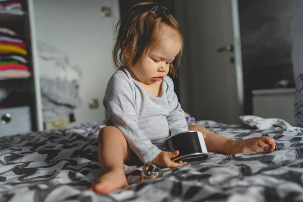 One Caucasian Baby Girl Nine Months Old Playing Alone Bed — Stock Photo, Image