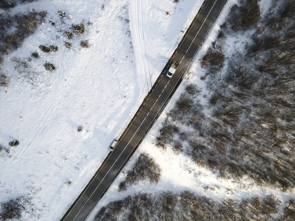 Hoge Hoek Naar Beneden Luchtfoto Drone Beeld Weg Door Bomen — Stockfoto