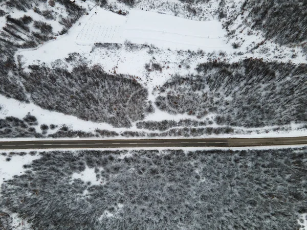 Hoge Hoek Naar Beneden Luchtfoto Drone Beeld Weg Door Bomen — Stockfoto