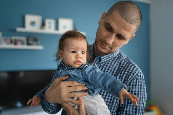 Two People Small Caucasian Baby Girl Hands Her Father Adult — Stock Photo, Image