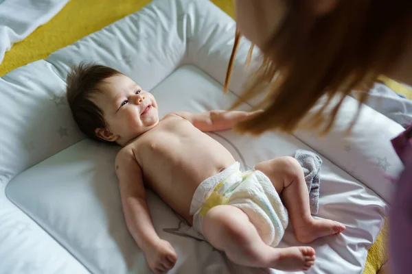 Baby Half Naked Two Months Old Boy Girl Lying Happy — Stock Photo, Image