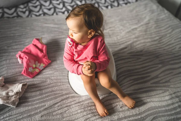 One Small Caucasian Baby Girl Ten Months Sitting Children Potty — Stock Photo, Image