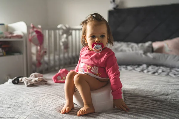 One Small Caucasian Baby Girl Ten Months Sitting Children Potty — Stock Photo, Image