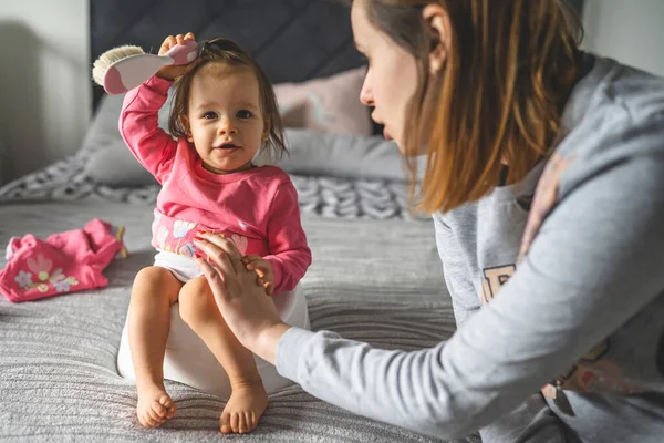 Small Caucasian Baby Girl Ten Months Sitting Children Potty Home — Stock Photo, Image