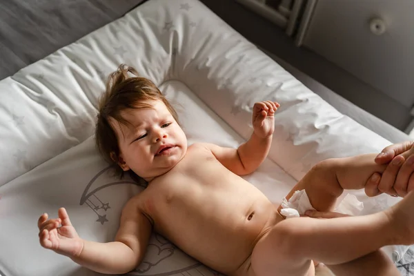 Small Caucasian Baby Girl Boy Lying Bed Bright Room While — Stock Photo, Image