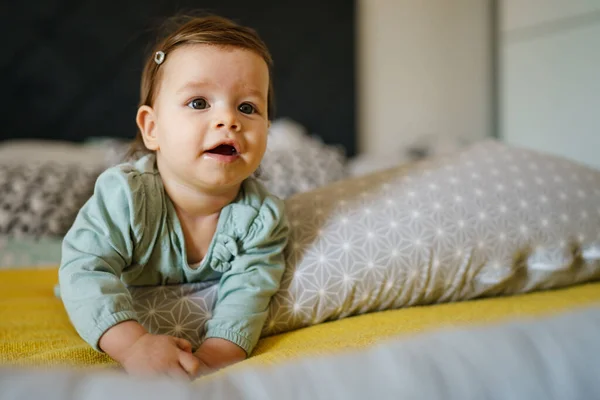 Front View Happy Small Caucasian Baby Lying Bed Home Day — Stock Photo, Image