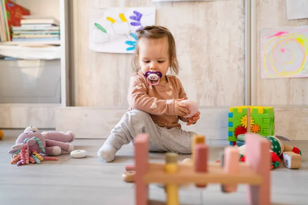 One Baby Small Caucasian Infant Girl Playing Floor Home Copy — Stock Photo, Image